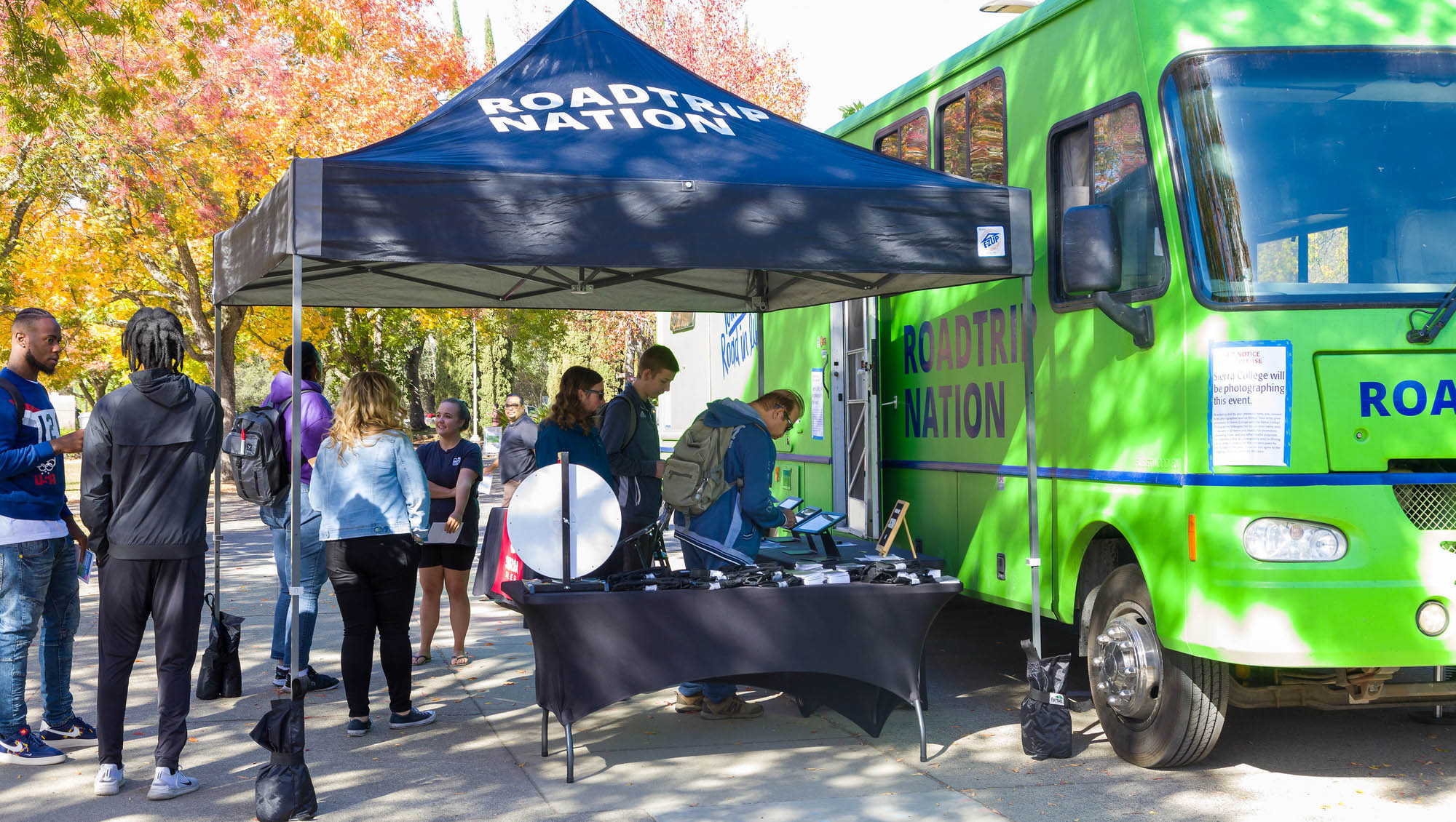 Sierra College students gathering at the Roadtrip Nation bus
