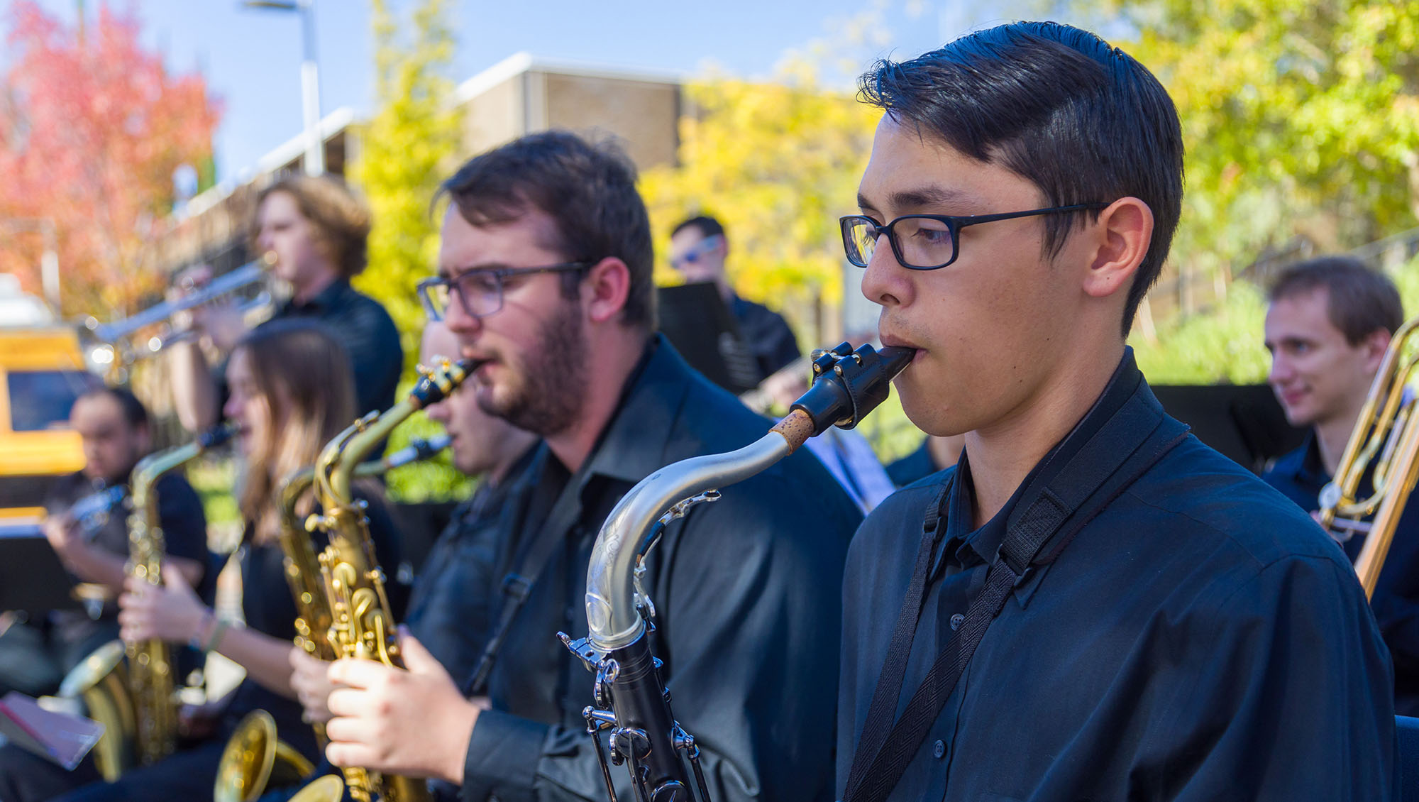 Students playing saxophone in the band during Sierra College Preview Day