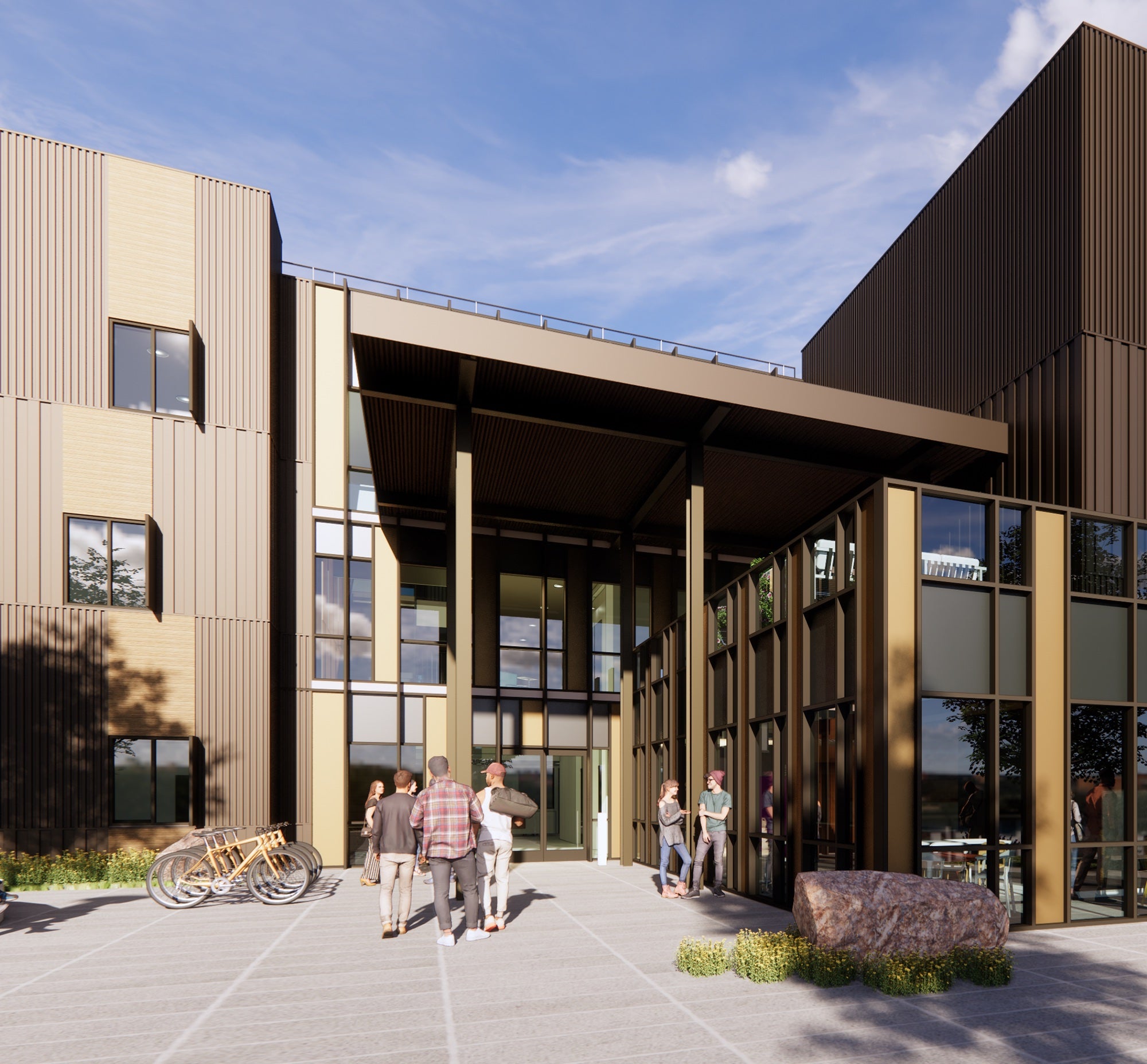 Digital rendering of three story student housing, showing animated students walking and conversing around the exterior.