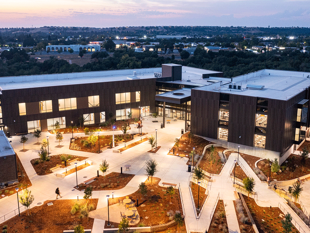 New Instructional Building (Q) on the Rocklin Campus at dusk.