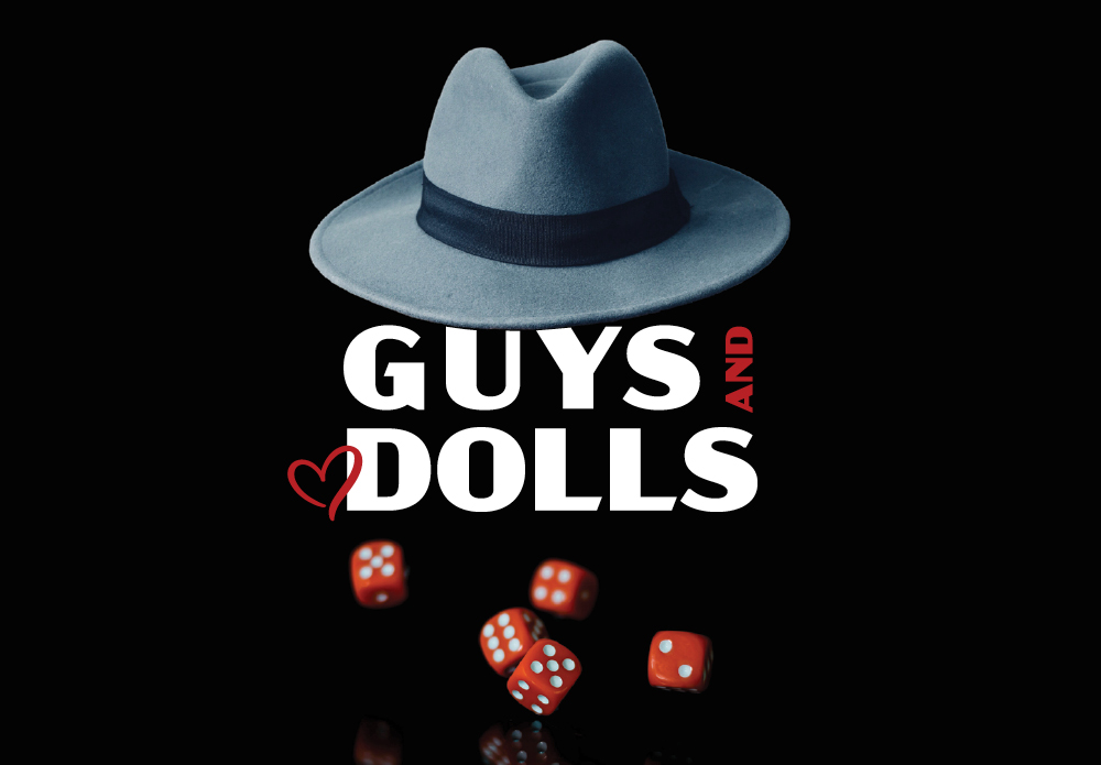 Guys and Dolls production graphic: 50's style brim hat with red dice