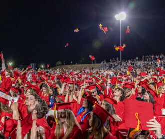 2024 Rocklin graduates throw their caps in the air at commencement.