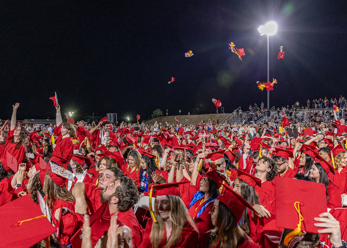 2024 Rocklin graduates throw their caps in the air at commencement.