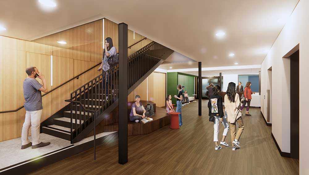 Rendering of students using stairs, study areas and walking to elevators in lobby of student housing building