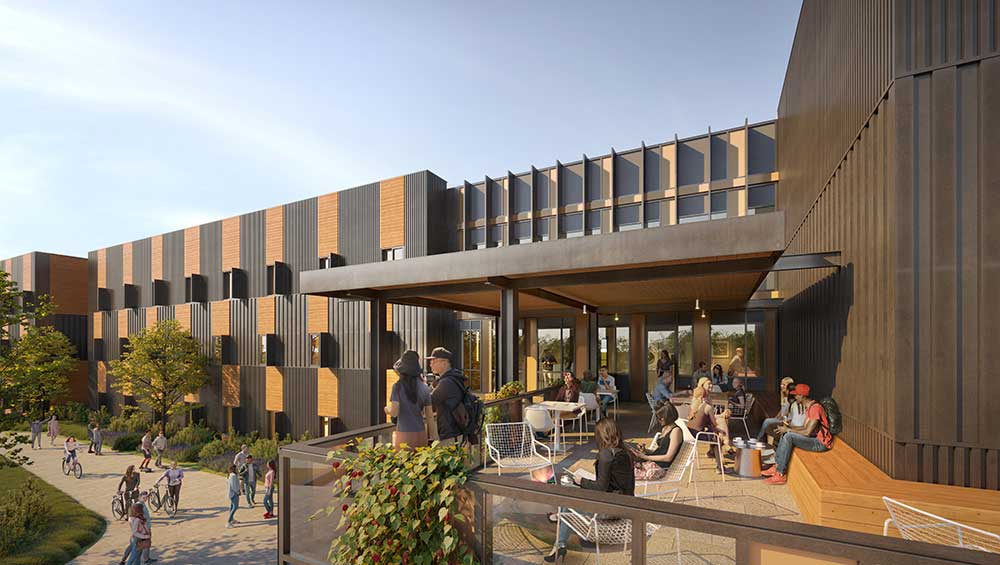 Rendering of students studying and socializing on outdoor balcony as students walk along path to student housing below.