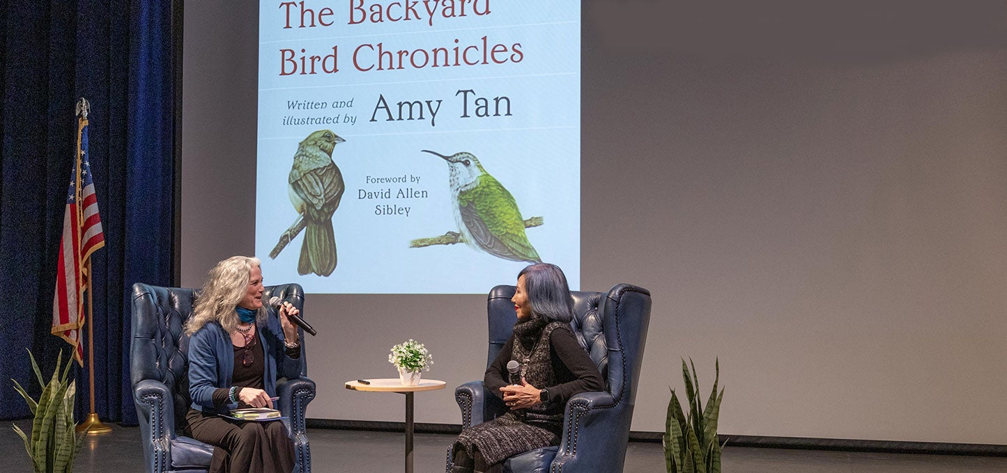 Amy Tan, author of The Backyard Bird Chronicles discusses her book and other topics with moderator and author Sands Hall